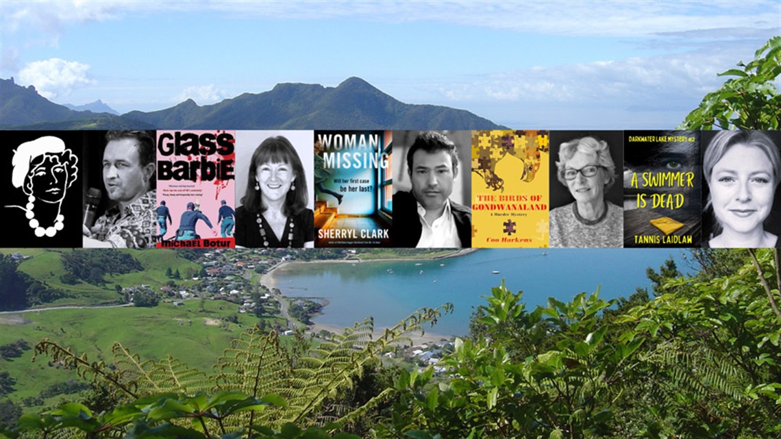 Photo of the Ngaio Marsh Awards logo with authors Michael Botur, Tracie Lark, Sherryl Clark, Coo Harkins and Tannis Laidlaw with covers of their recent books against a view of Whangārei Harbour. 