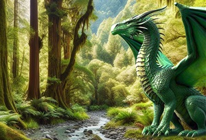 Picture of a green dragon sitting in a forest beside a stream. 