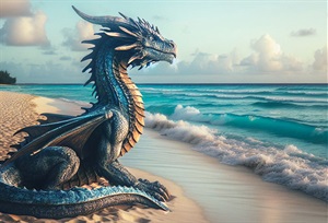 Picture of a silvery blue dragon sitting on the sand at a beach. 