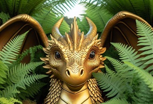 Picture of a golden dragon among fern leaves. 