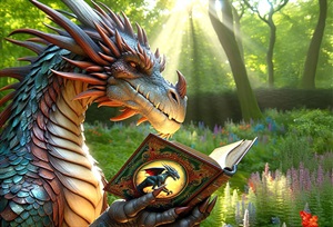 Picture of a dragon reading a book in a garden . 