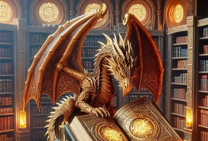 Picture of a dragon reading an ancient book in an old library. 