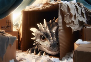 Picture of a dragon peeking out of a box. 