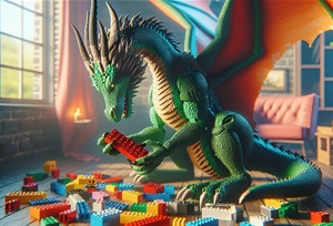 Picture of a dragon playing with LEGO bricks. 