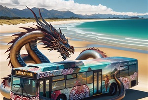 Picture of a snake-like dragon surrounding a library bus on a beach. 