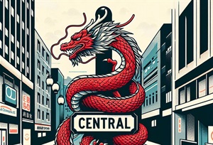 Picture of a red dragon wrapped around a steet sign reading 'Central'. 