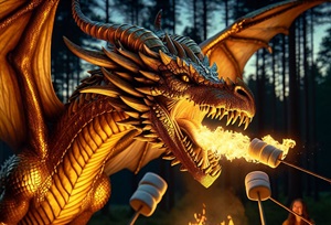 Picture of a dragon breathing fire to toast marshmallows. 