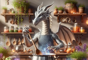 Picture of a dragon in a kitchen stirring a pot on a stove. 