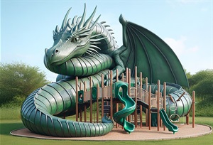 Picture of a green dragon surrounding a children's playground. 