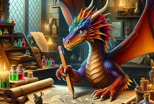 Picture of a dragon drawing a picture with bottles of ink on shelves in the background. 