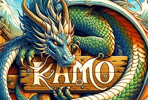 Picture of a dragon wrapped around a Kamo sign. 