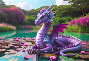 Picture of a dragon sitting on a lily leaf in a lily pond. 