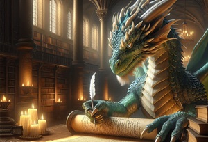 Picture of a dragon writing on a scroll with a quill. 