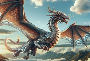 Picture of dragon flying over a mountain range. 