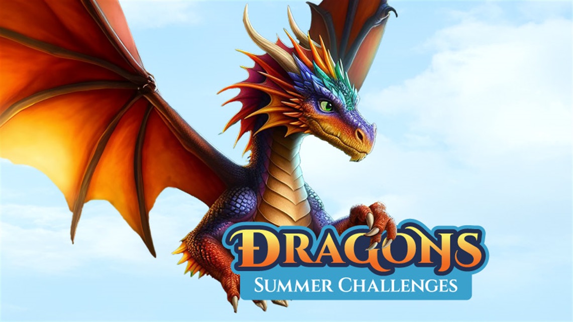 Picture of a colourful dragon and the Dragons Summer Challenges logo. 