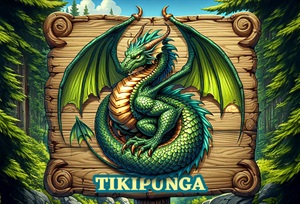 Picture of a green dragon on a Tikipunga sign. 