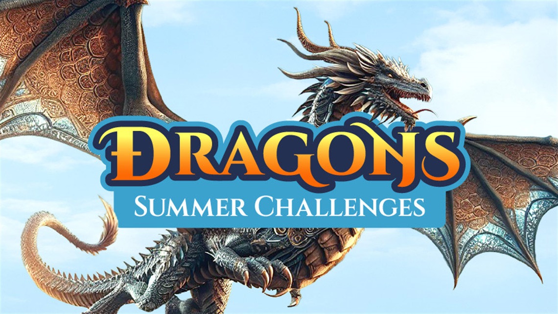 Picture of a flying dragon with the Dragons Summer Challenges banner. 