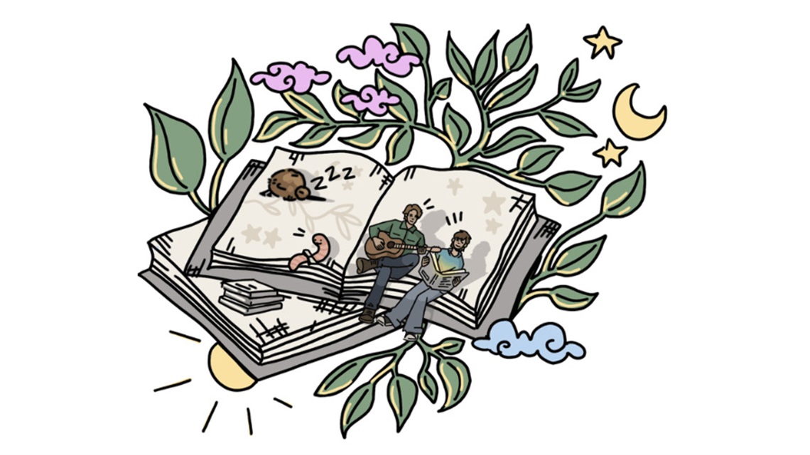 Drawing pf a book surrounded by plants, stars, moon and sun with a kiwi and two musicians. 