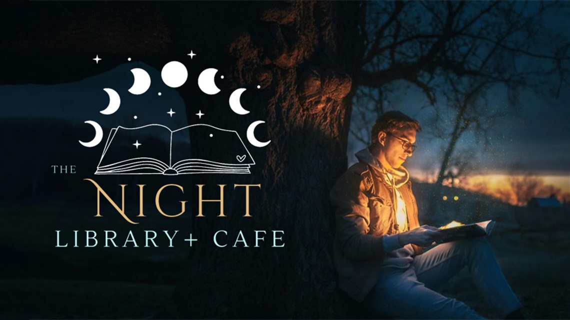 Picture of an outside night scene with a person reading a book and the Night Library logo. 