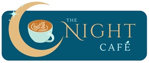 The Night Café logo featuring a cresent moon and a cup of coffee. 