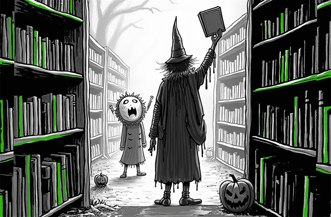 Cartoon of a witch holding a book and a small goon among book shelves 