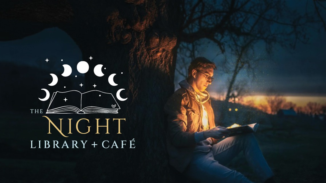 Picture of a man sitting under a tree reading a book at night with The Night Library and Cafe logo. 