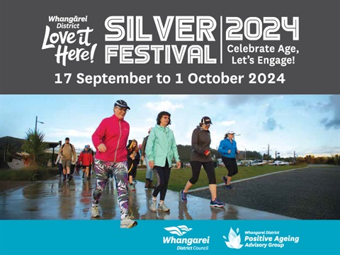 Silver Festival 2024 banner, showing a group of people fitness walking. 