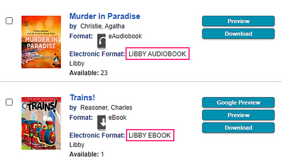 Picture of the library catalogue showing Libby audiobook and Libby ebook listing.