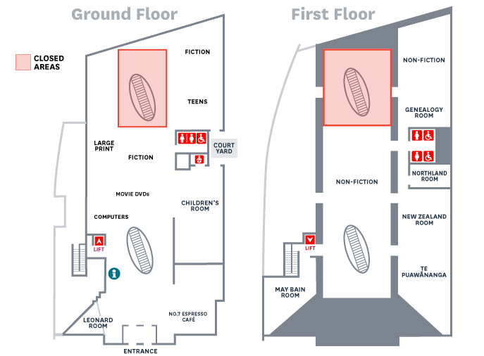 Floor plans of Whangārei Central Library showing areas that wull be closed to the public while the roof is repaired. 