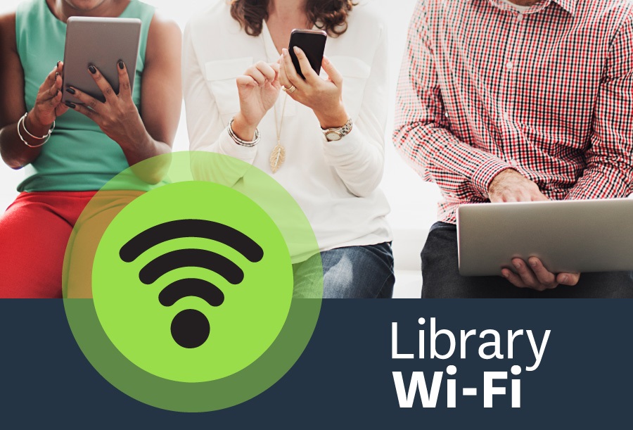 Library wi-fi page image showing three people on their devices.