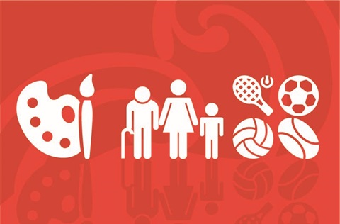 White icon images of a paint palette and brush, three generations of people, sports balls and a tennis racket on a red background. 