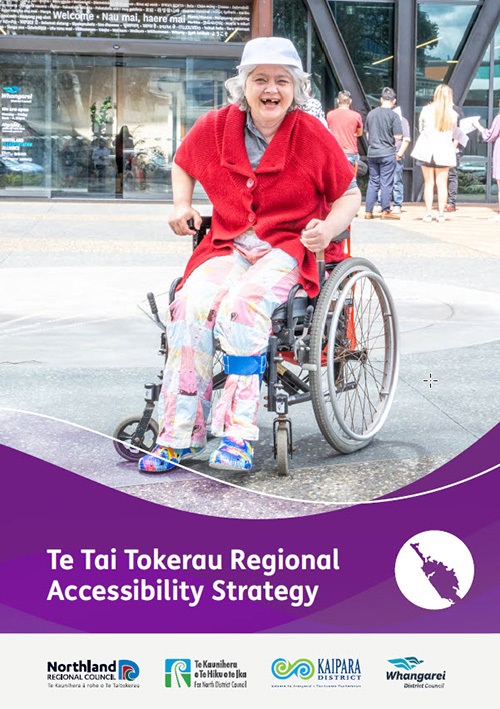 The cover page of Te Tai Tokerau Regional Accessibility Strategy, including a photo of a smiling woman in a wheelchair and the logos of the four Northland councils.