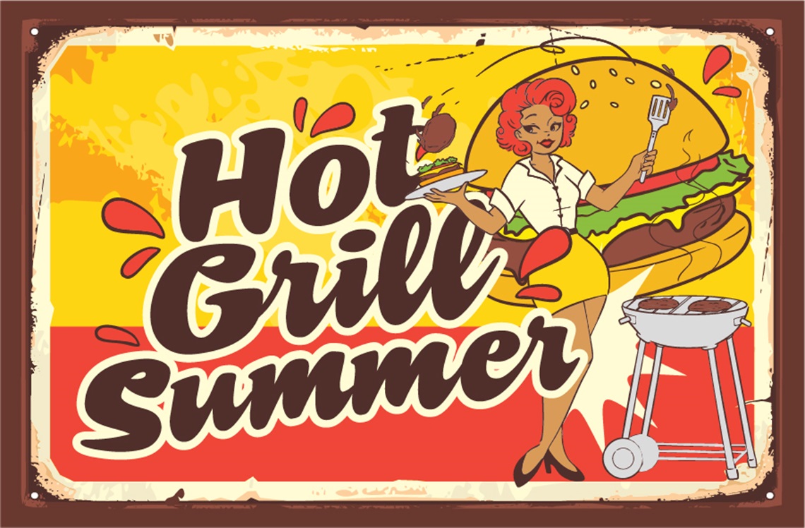 Hot Grill Summer event logo with lady cooking a burger on a coal BBQ with a large burger in the background. 