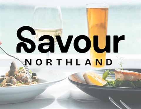 Savour Northland logo over an photo of plates of food and drinks. 