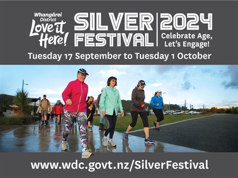 A creative promo tile for Silver Festival, including a photo of several people walking in a group. 