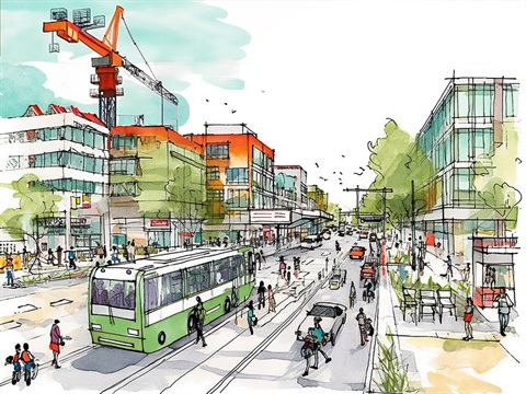 An illustration showing a busy town centre with people on the street, a bus and crane in the background.