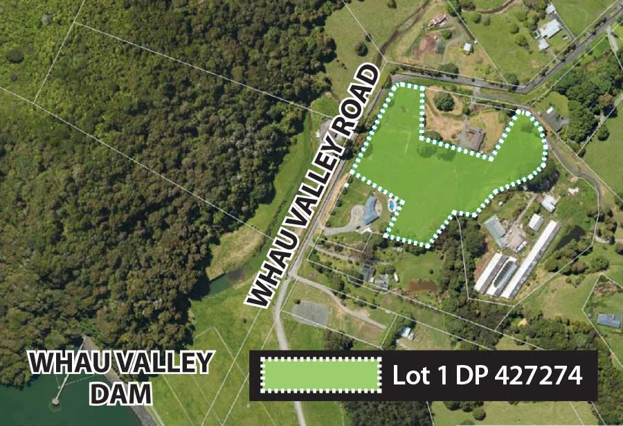 An aerial view of the Whau Valley Dam and Whau Valley Road with the area of Lot 1 DP 427274 highlighted.