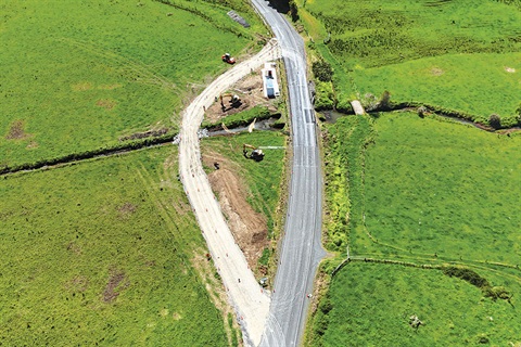 An aerial view of a detour off the main road. 