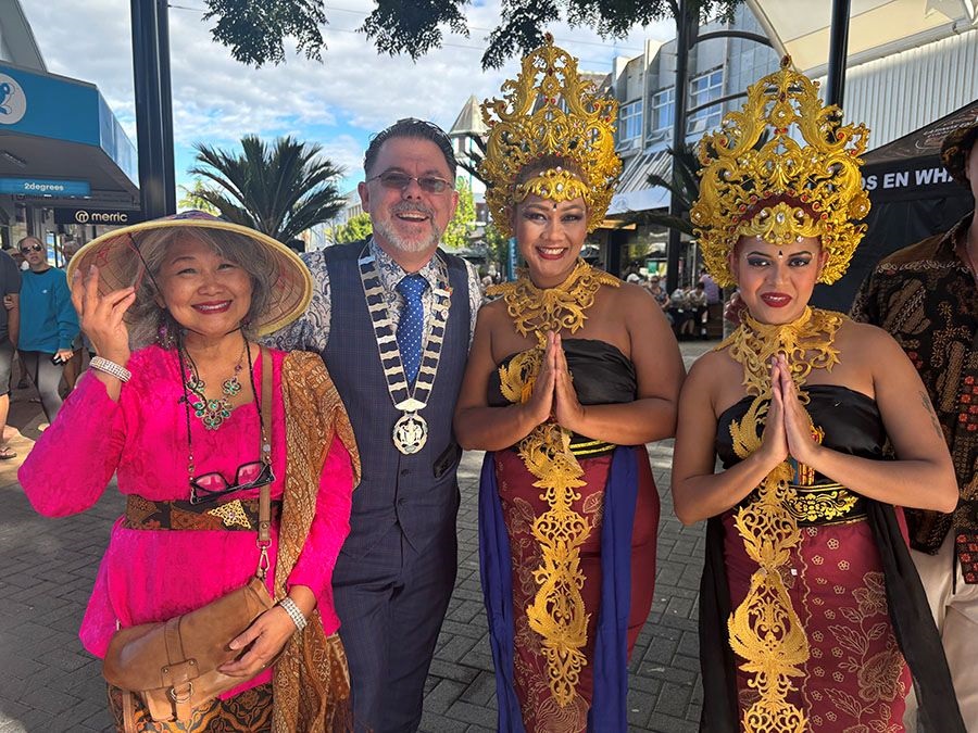 Mayor Vince Cocurullo pictured with attendees and dancers at Taste Whangarei. 