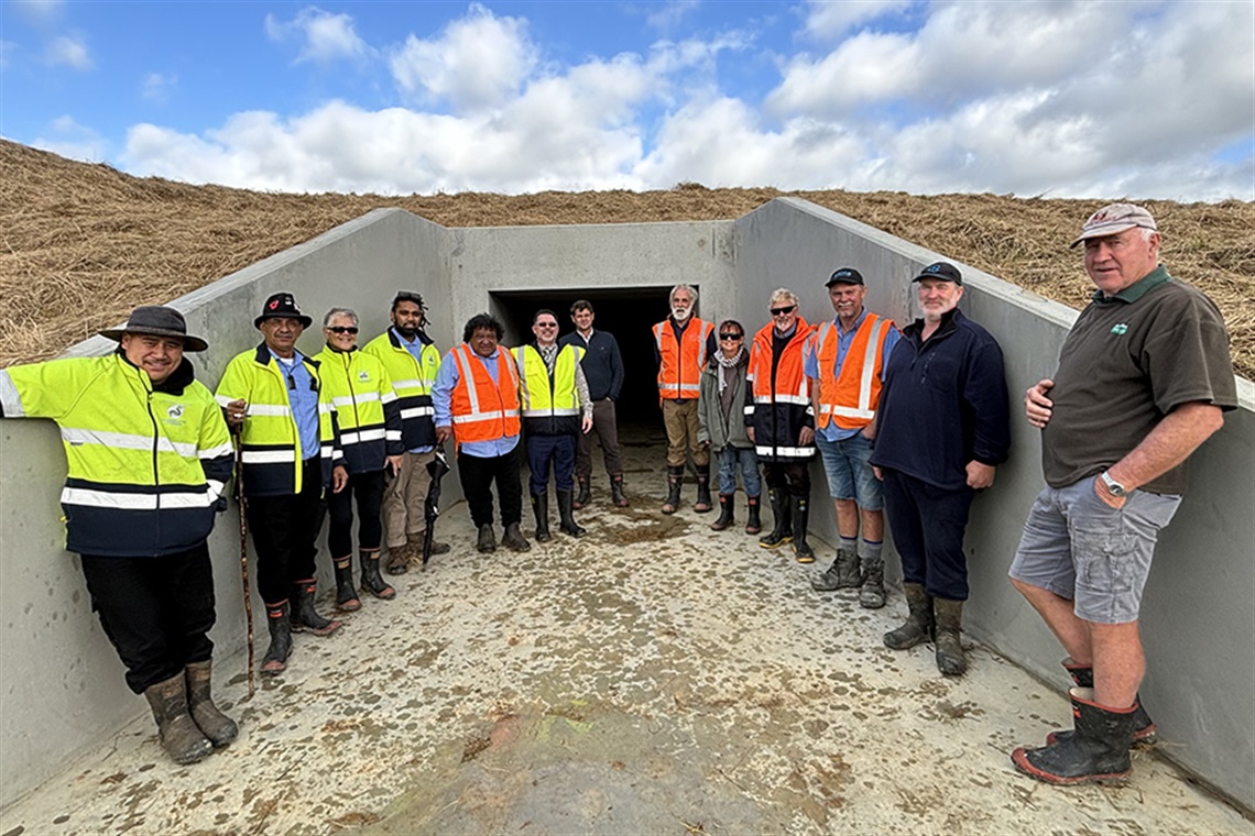 Thirteen people stand in a semicircle inside Hikurangi repo gravity gate, a concrete box culvert running through the stopbank.