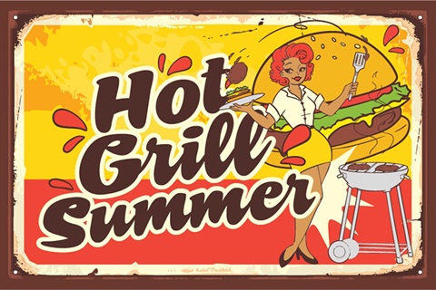 Graphic illustration of a woman flipping a burger with a BBQ next to her and a large burger behind her. 