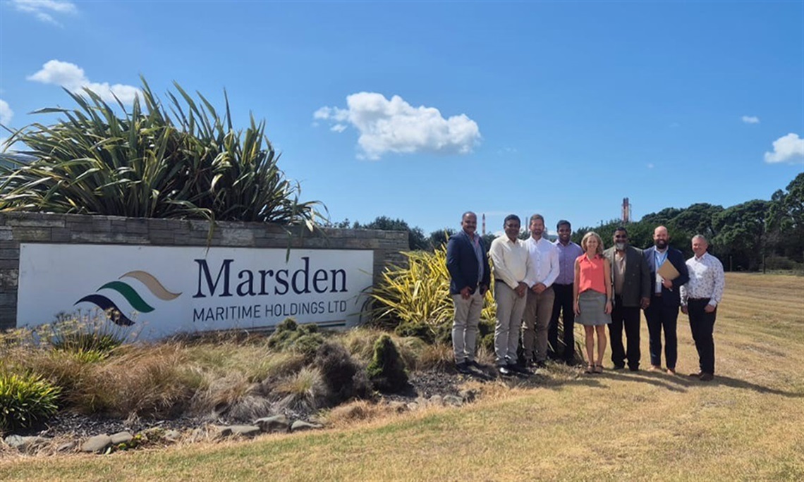 Consul General Dr Sethi, Commercial Executive Mr Sandeep Singh, Commercial Assistant Ms Manisha Harichandan, Council Economic Development Advisor Michael Turner and others are pictured outside Marsden Maritime Holdings Limited.