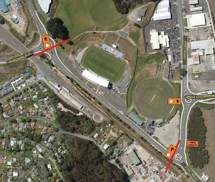 Map showing the road closure on Okara Drive, from the roundabout at Okara Drive and Porowini Avenue to the roundabout at Okara Drive and Port Road.