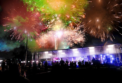 A big colourful fireworks display in the sky from Pohe Island. 