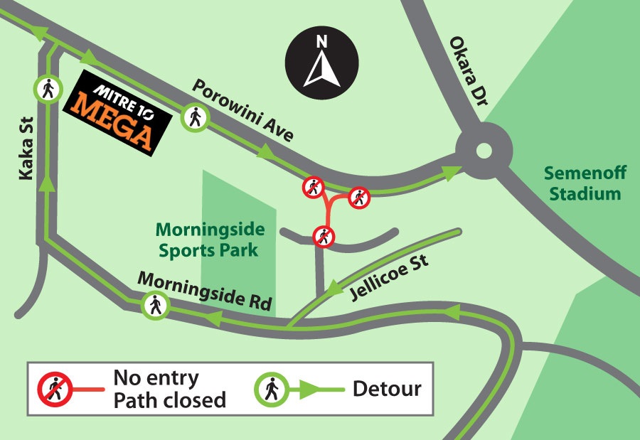 Morningside flooding map showing path closure and detour. 