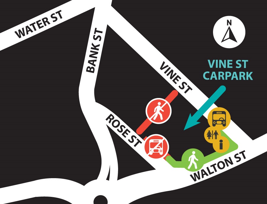 Map showing temporary relocation of bus hub from Rose Street to Vine Street. 