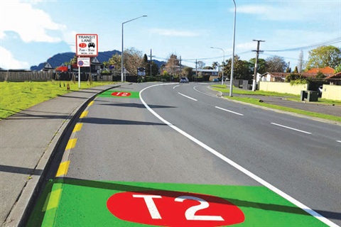 A photo of the road with green T2 markings. 