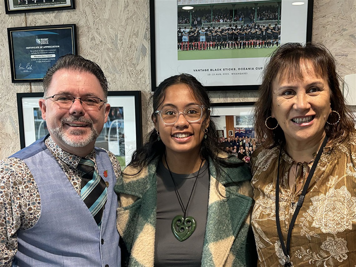 Mayor Vince Cocurullo, Te Rauaroha Tuhoro and Councillor Deb Harding.