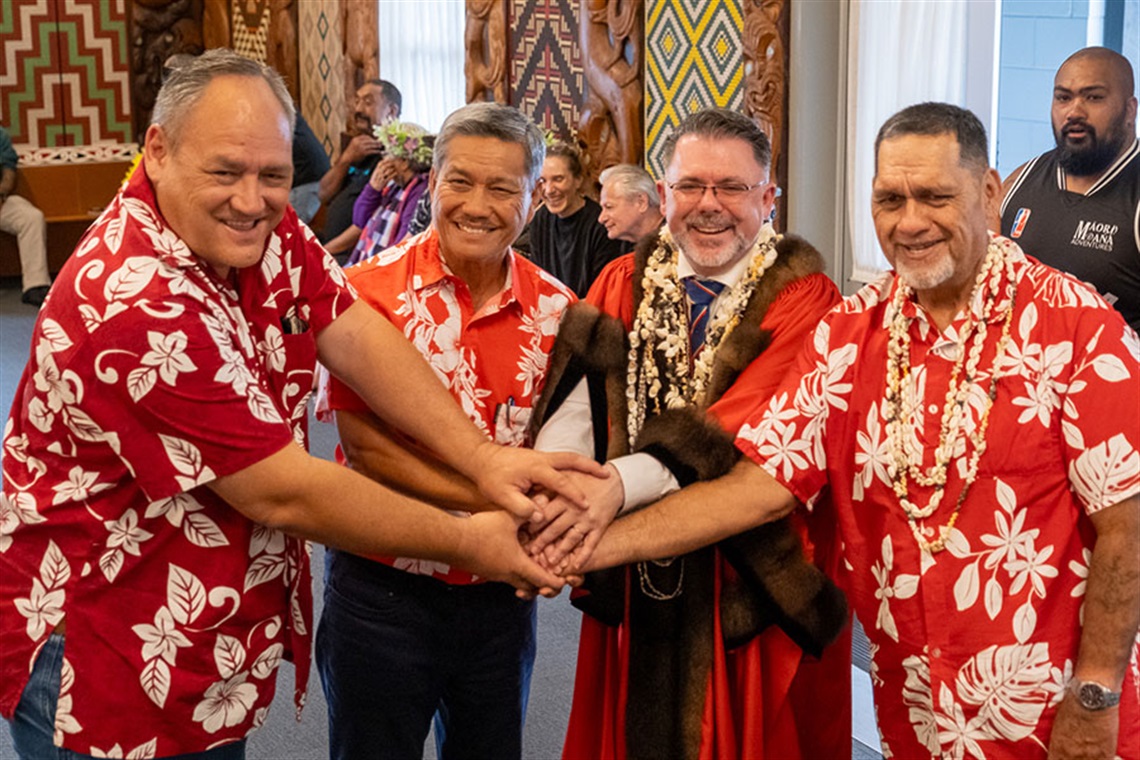 From left to right: Matahi Brotherson (Tavana of Uturoa), Thomas Moutame (Tavana of Taputapuatea), Mayor of Whangārei Vince Cocurullo and Cyril Tetuanui (Tavana of Tamarau) seal the twin-city relationship with a handshake.