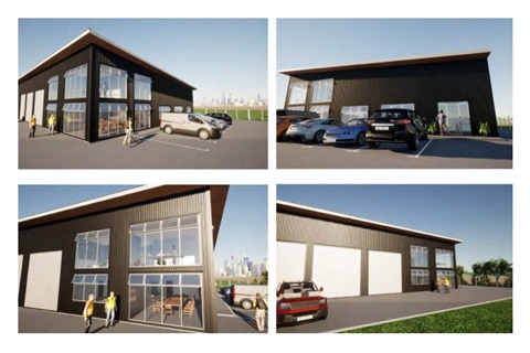 Artist's impression of the Rescue Fire Service Operational Building with four external views of the building, which is a hangar with dark brown cladding and white roller doors.